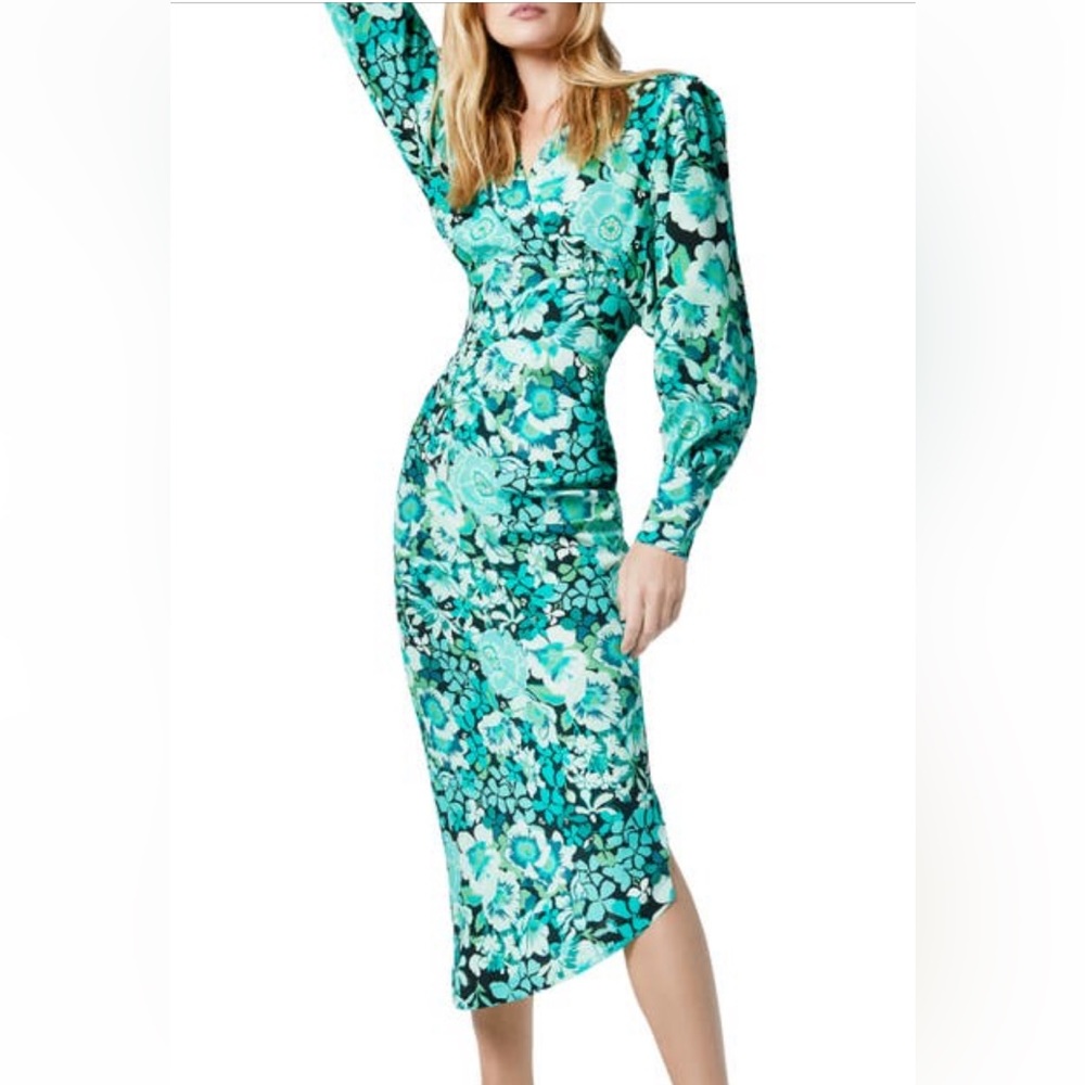 Smythe floral asymmetric drape long sleeve midi dress
